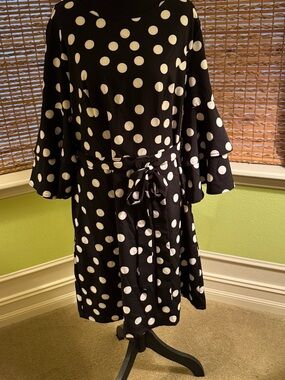 SHEIN Black and White Polka Dot Tie-Waist Long Sleeve Dress
